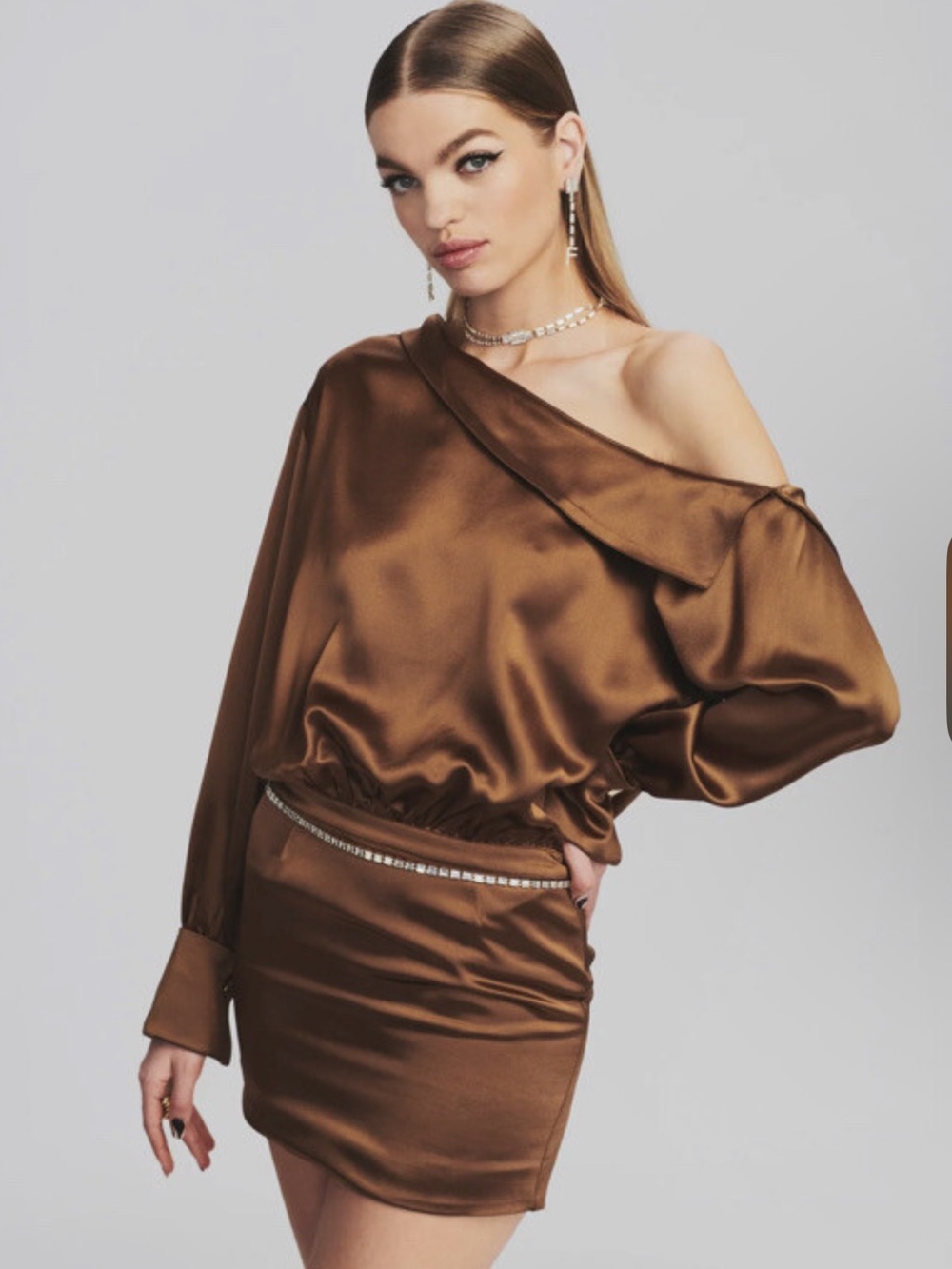 Retrofete Cognac Brown Satin One-Shoulder Mini Dress